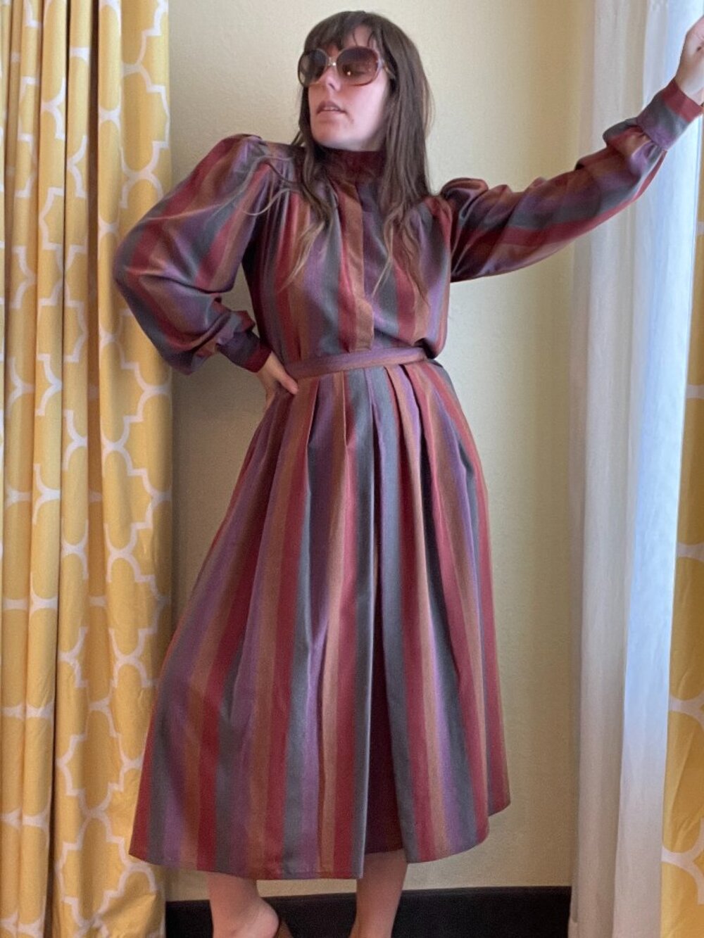 Vintage 70s Retro Secretary Blouse Regina Porter Striped 2 Piece Skirt Set XS